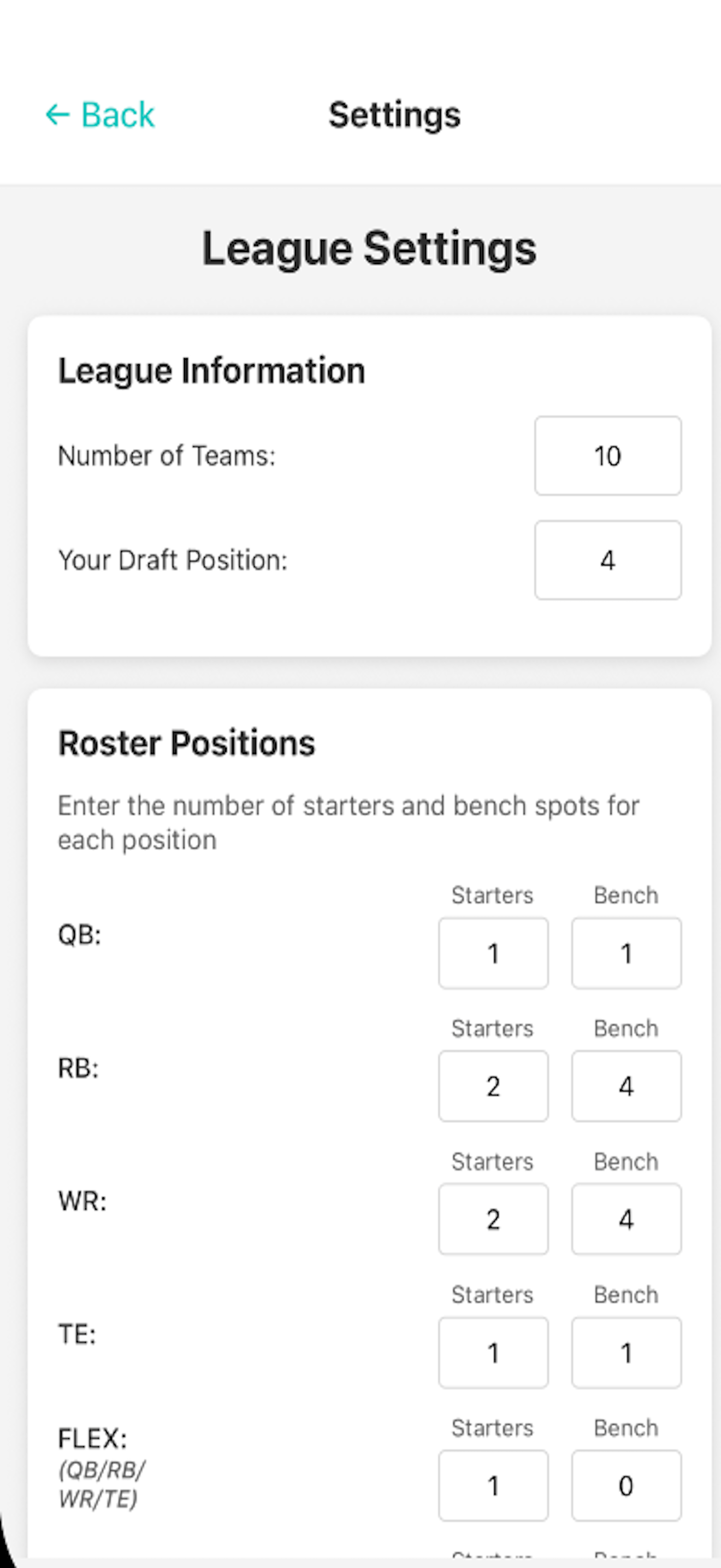 League Settings Screen